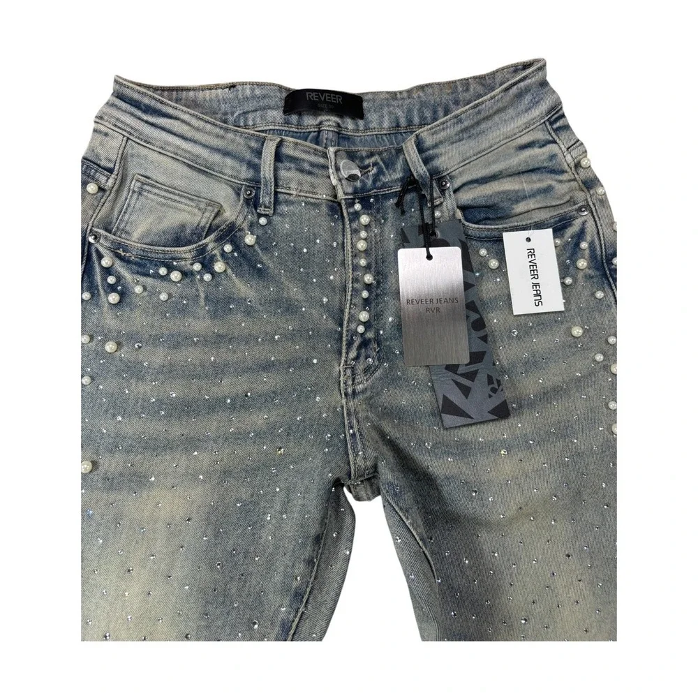 Reveer Jeans RVR Rhinestone Pearl Embellished Flare Denim Blue Vintage Wash 30